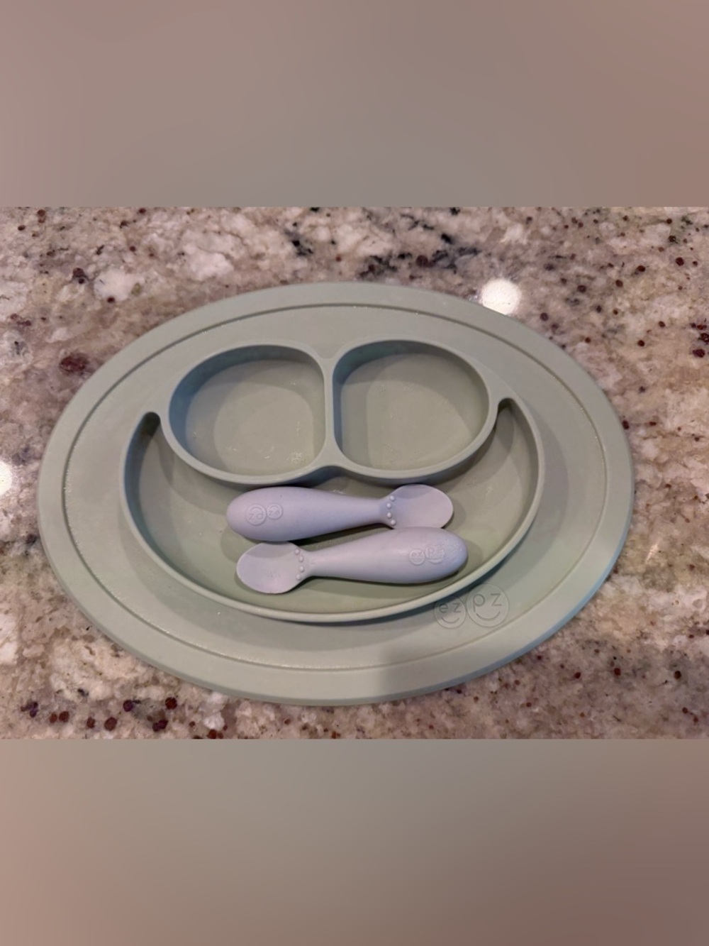 ezpz Mini Feeding sage green suction plate 100% silicone toddler utensils